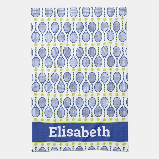 With name 💙🎾blue, green, white tennis🎾 pattern  tea towel (Vertical)
