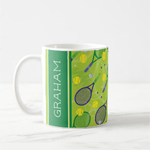 With name green & purple tennis rackets coffee mug