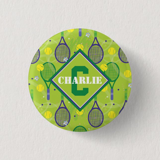 With name & initial, green & purple tennis racket  3 cm round badge (Front)