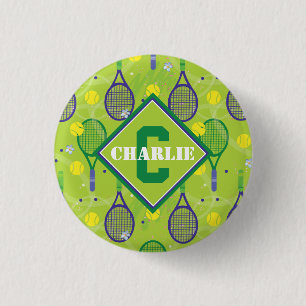 With name & initial, green & purple tennis racket 3 cm round badge
