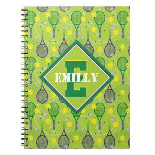 With name & initial, green & purple tennis racket notebook