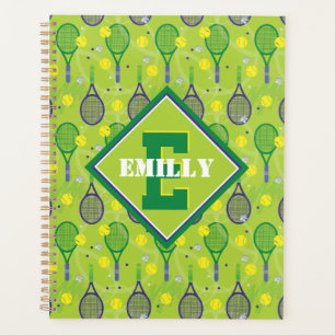 With name & initial, green & purple tennis rackets planner