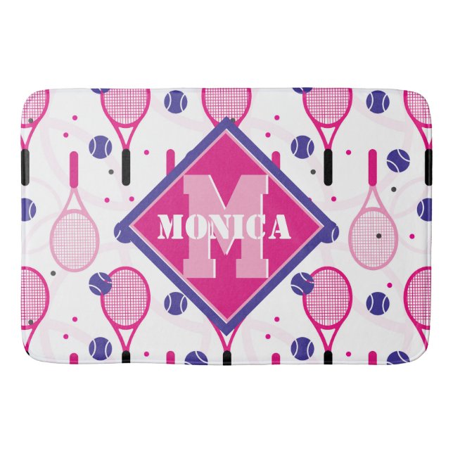 With name & initial, pink & purple tennis rackets bath mat (Front)