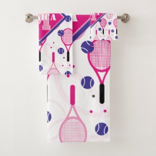 With name & initial, pink & purple tennis rackets bath towel set