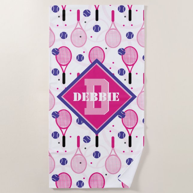 With name & initial, pink & purple tennis rackets beach towel (Front)
