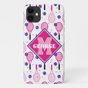 With name & initial, pink & purple tennis rackets Case-Mate iPhone case