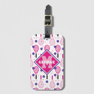 With name & initial, pink & purple tennis rackets  luggage tag