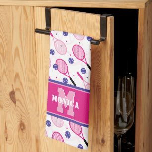With name & initial, pink & purple tennis rackets tea towel