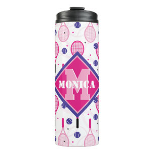 With name & initial, pink & purple tennis rackets thermal tumbler