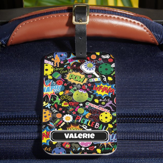 😍with name mixed pickleball black   luggage tag (Front Insitu 2)