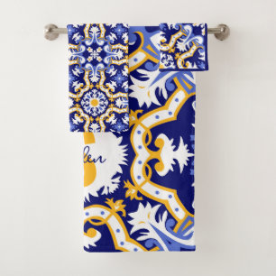 With name💙💛 periwinkle, blue and yellow Azulejos Bath Towel Set