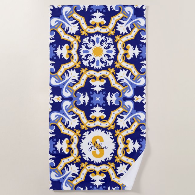 With name💙💛 periwinkle, blue and yellow Azulejos Beach Towel (Front)