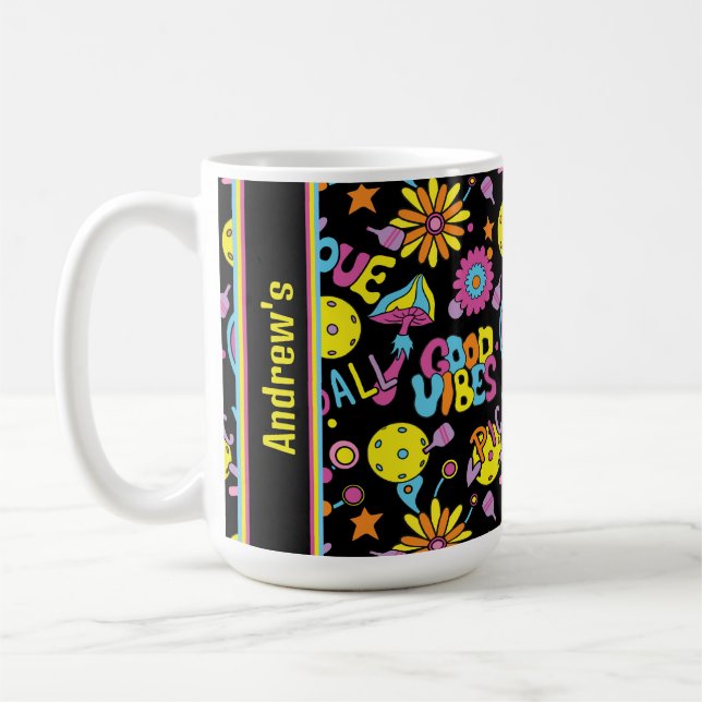 With name, Pickleball Groovy, retro 90s, black Coffee Mug (Left)