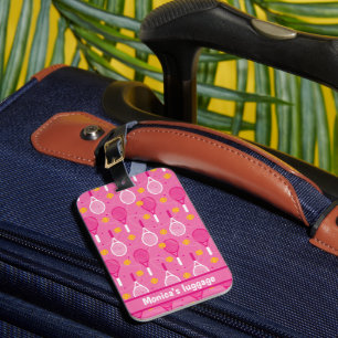 With name Pink & white tennis racket pattern  Luggage Tag