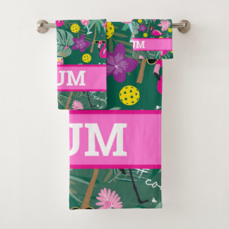 🦩🦩🦩 with name, Tropical party with pickleball, Bath Towel Set