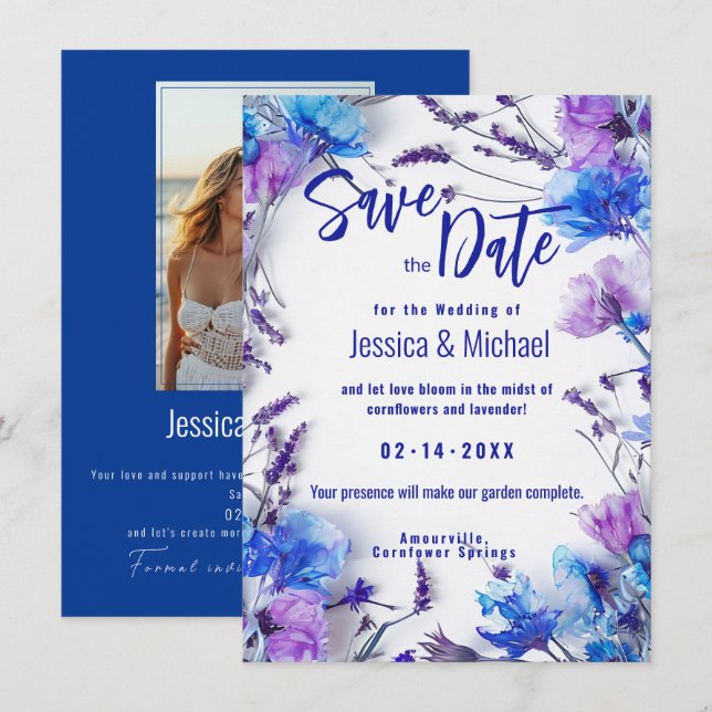 With Photo Cornflowers and Lavender Elegance Save The Date (Front/Back)