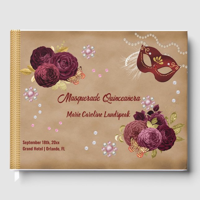 With Photo English Red Roses & Pearls Quinceañera Guest Book (Front)