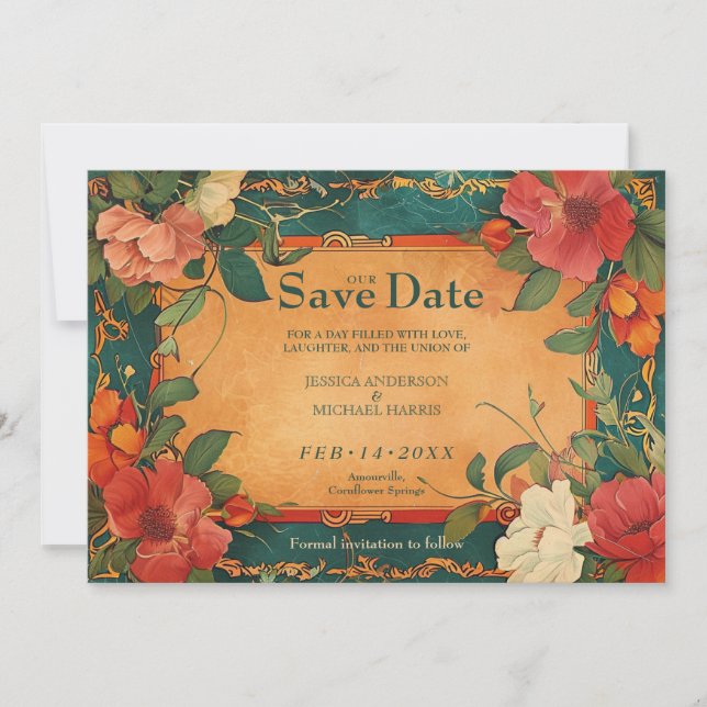 🌹 With Photo Rose Romance: Art Nouveau Splendour Save The Date (Front)