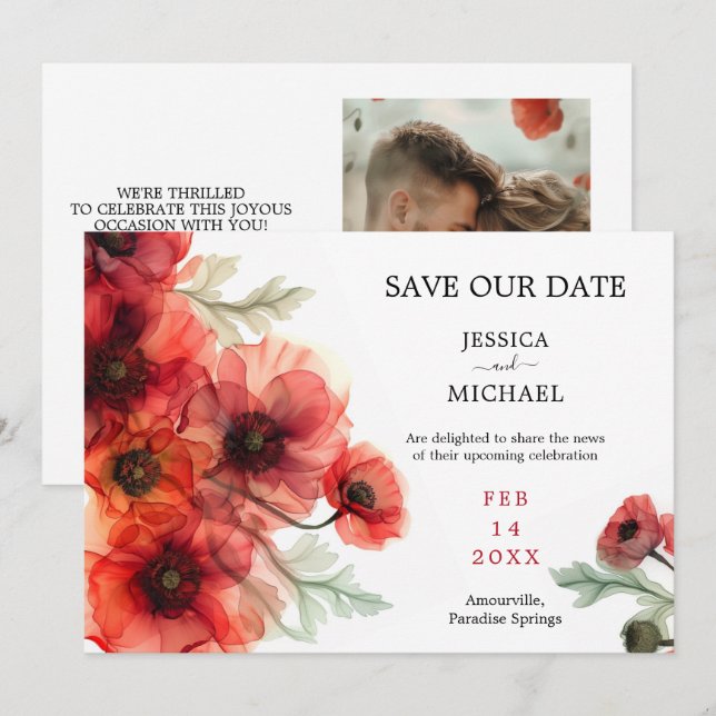 With photo Scarlet Petal Serenade Save the Date ca Invitation (Front/Back)