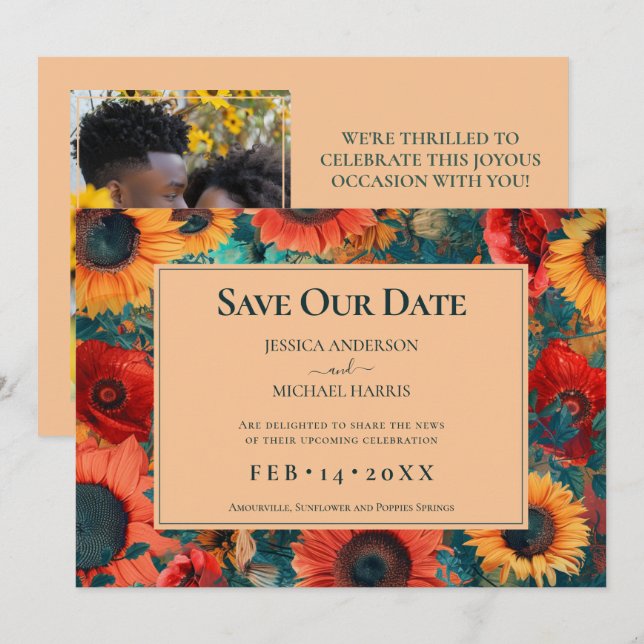 With photo🌻Sunflower and Poppy Reverie  Save The Date (Front/Back)