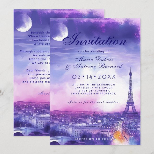 With poem Amour Éternel à la Parisienne  Invitation (Front/Back)