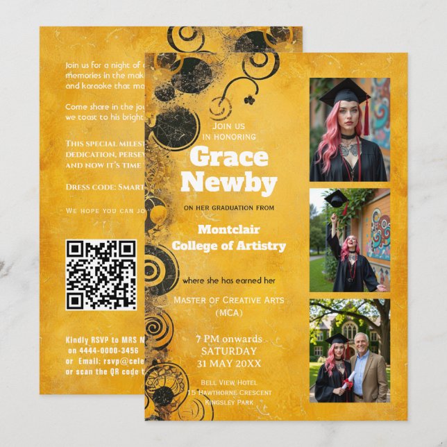 🎓With QR Artistic Flourish Graduation Invitation (Front/Back)
