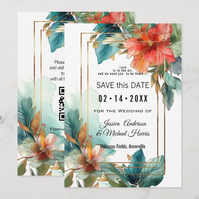 With QR code Hibiscus Serenade Paradise Save The Date (Front/Back)