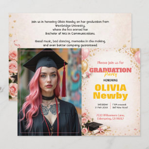 🎓With QR code Horizontal Pink & Gold Floral Invitation