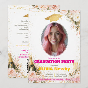 🎓With QR code Pink & Floral Celebration Grad Invitation