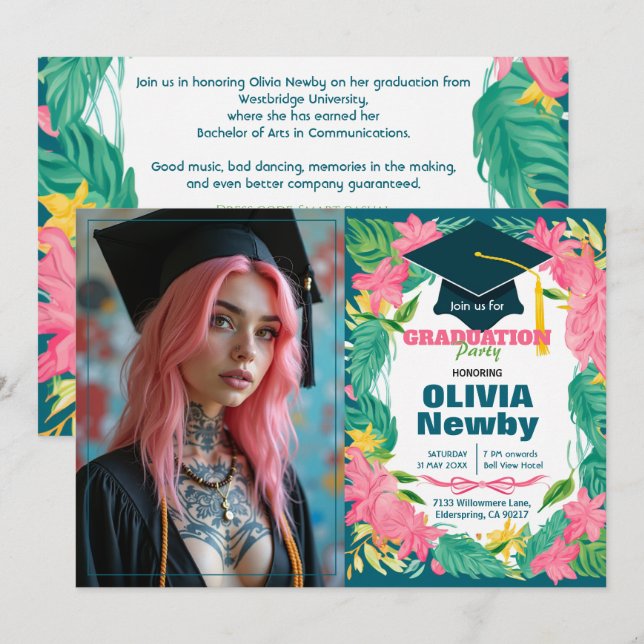 🎓With QR code Tropical Bloom Single‑Photo  Invitation (Front/Back)