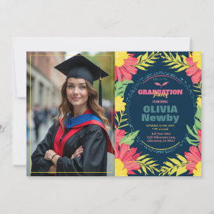 🎓With QR code Tropical Grad Bloom Invitation