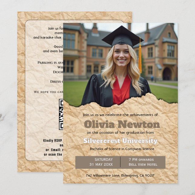 🎓With QR code Vintage Photo Grad Party Invite (Front/Back)