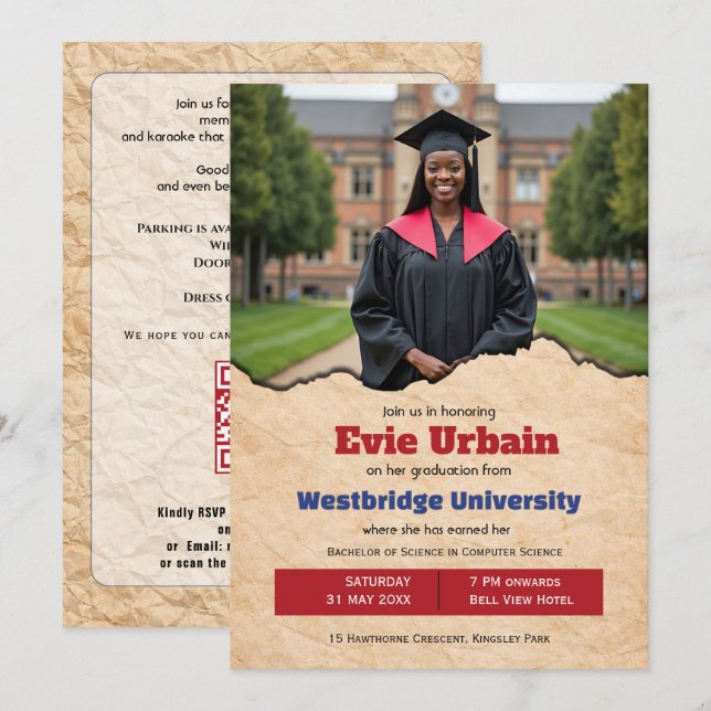 🎓With QR code Vintage Photo Grad Party Invite (Front/Back)