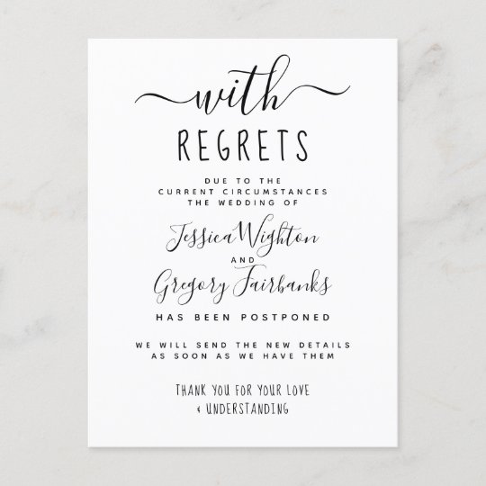 With Regrets Black & White Postponed Wedding Invitation Postcard