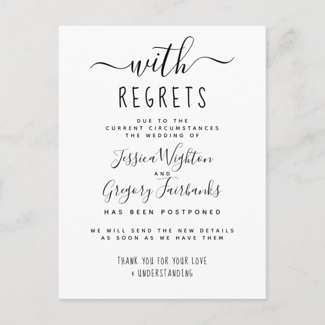 With Regrets Black & White Postponed Wedding Invitation Postcard (Front)
