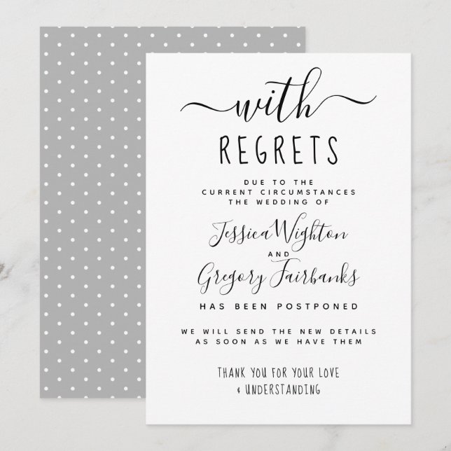 With Regrets Black & White Wedding Postponed Invitation (Front/Back)
