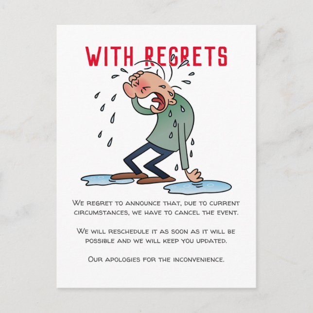 With Regrets Postponed Event Cancellation Cartoon Postcard (Front)