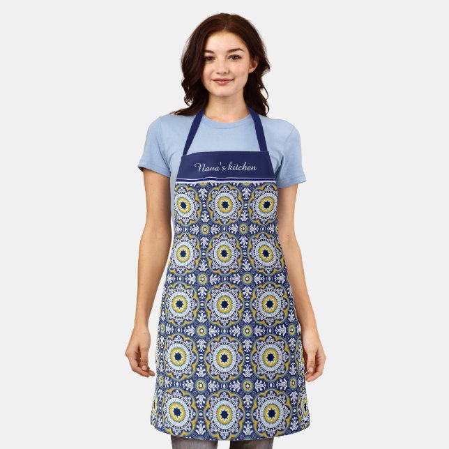 With text 😍 Beautiful blue and yellow Azulejos,  Apron (Worn)