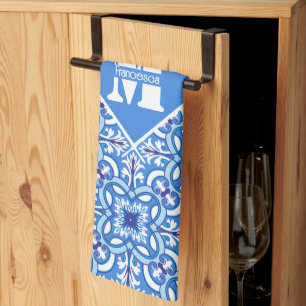 With text & initial🤍 💙White and blue Azulejos Tea Towel