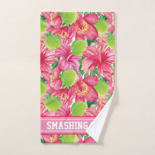 With text 🌺🌴Tropical tennis with hibiscus,  Hand Towel