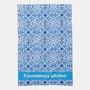 With text 🤍 💙White and blue  Porto Azulejos  Tea Towel