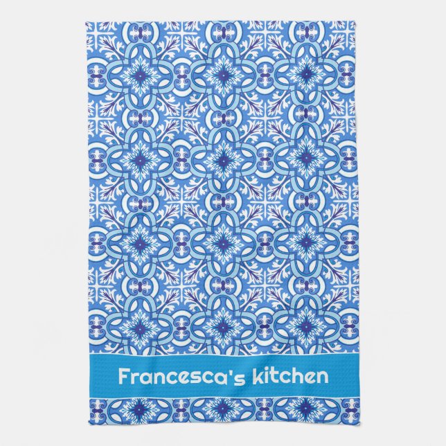 With text 🤍 💙White and blue  Porto Azulejos  Tea Towel (Vertical)