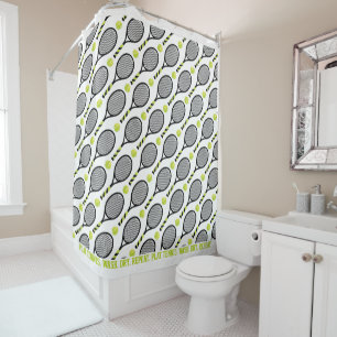 With text🎾Black and green tennis🎾 white Shower Shower Curtain