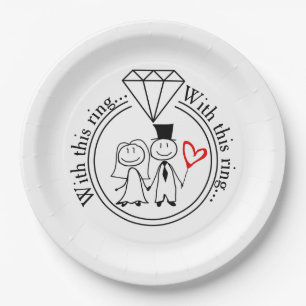With This Ring Casual Stick Figure Couple Wedding Paper Plate