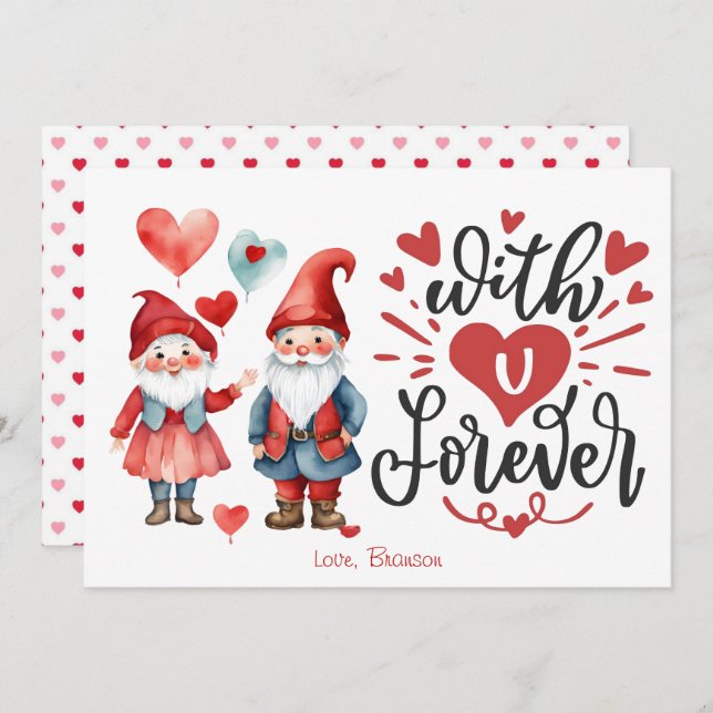 "With U Forever" Cute Gnome Couple Valentines Card (Front/Back)