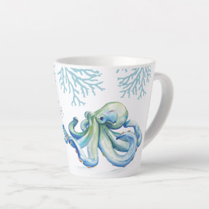 Witty Blue Watercolor Octopus Coastal Latte Mug