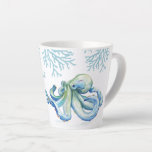 Witty Blue Watercolor Octopus Coastal Latte Mug<br><div class="desc">Add coastal style to your home with my witty latte mug in blue and white, featuring my octopus art in shades of blue with coral and the words Seas The Moment in hand lettered script typography. Personalise the words to Seas The Day or however you like. Watercolor Artwork by Victoria...</div>
