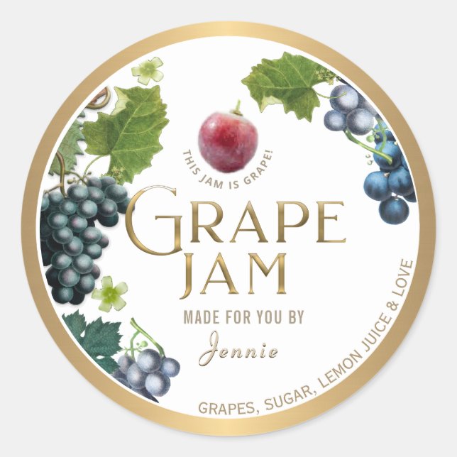 Witty Logo Design Elegant Grape Jam Jelly Classic Round Sticker (Front)