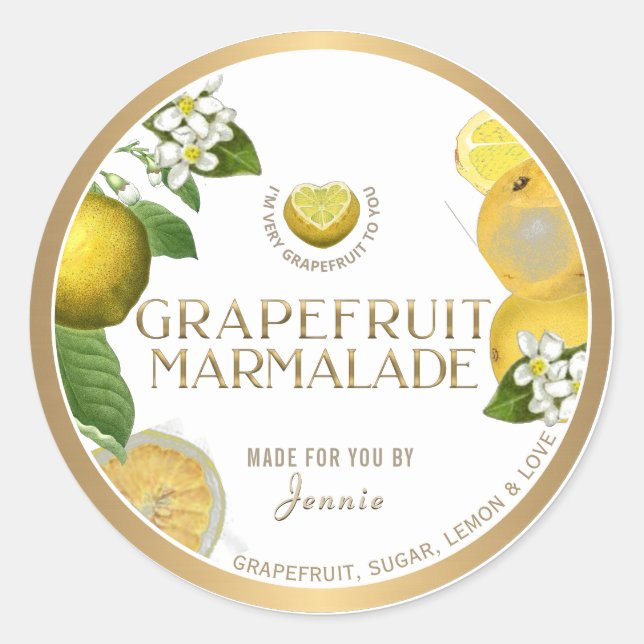 Witty Logo Design Elegant Grapefruit Marmalade Classic Round Sticker (Front)