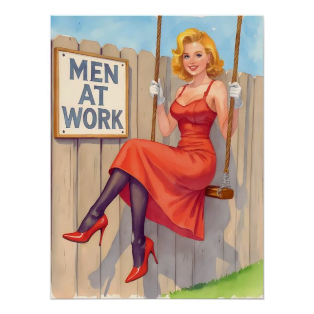 Witty Retro Pin-Up Girl - "Men at Work" Poster (Front)